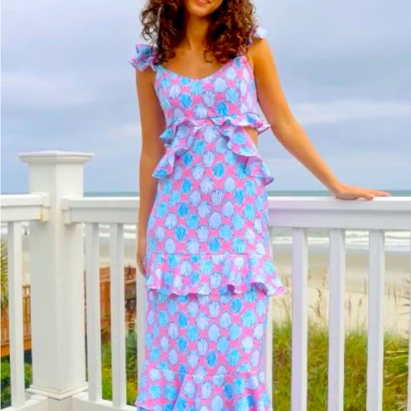 NEW Simply Southern Pink & Blue Seashell Maxi Dress W/ Side Cut Outs & Ruffles - Picture 2 of 15